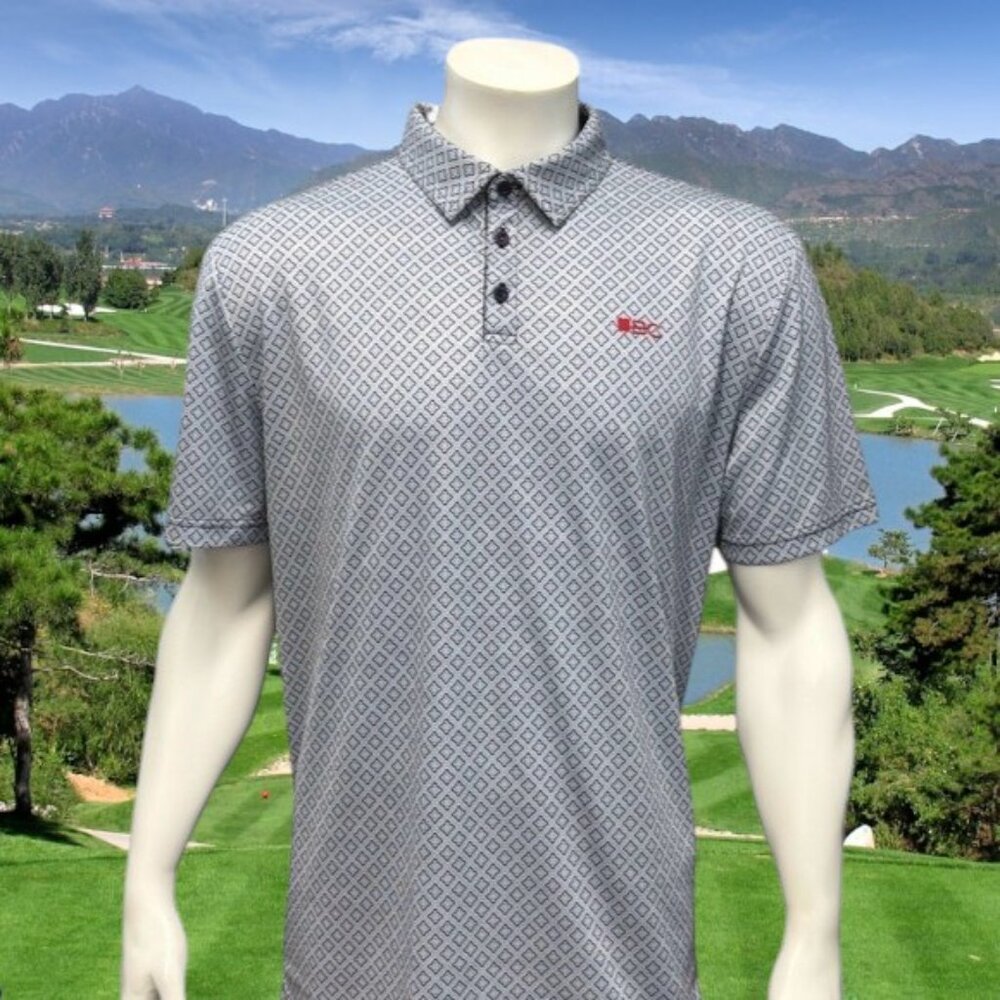 Black Clover Live Lucky Blue White Geometric Mens Performance Golf Polo Shirt XL